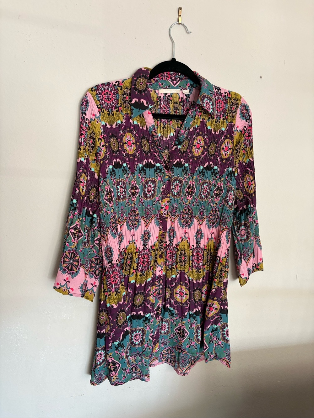 Women's Floral Pattern Pleated Tunic Top in Pink, Teal & Purple